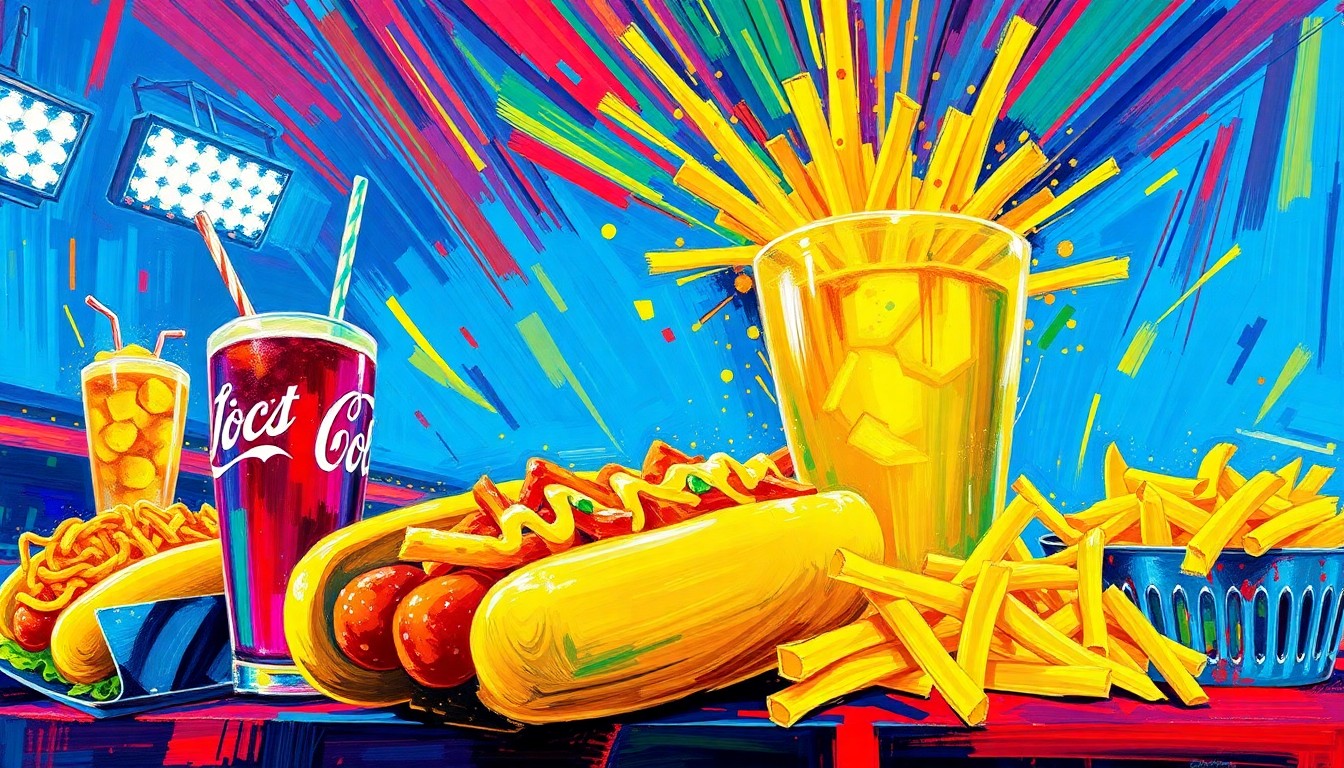 A vibrant, textured painting in neon colors depicting a variety of large, creative ballpark food items like hot dogs, nachos, and cocktails, conceptually representing the bold flavors and energy of the Colorado Rockies