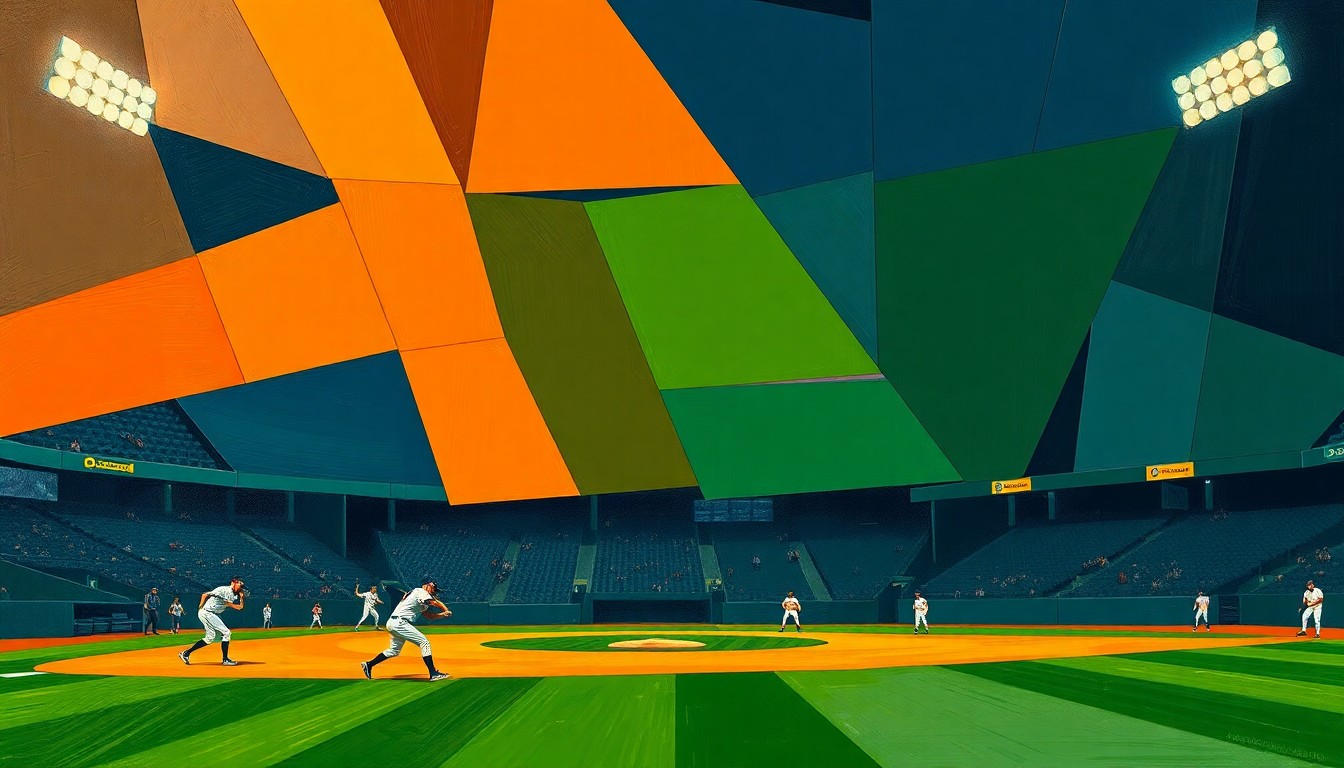 A fractured, geometric painting in navy, green, and orange hues, breaking down a baseball game or match into sharp, overlapping planes, conceptually representing the Padres