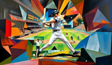 A cubist, geometric painting depicting a baseball player in motion, with overlapping shapes and planes representing the energy and dynamism of the game.