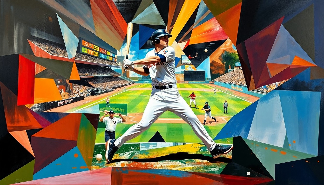 A cubist, geometric painting depicting a baseball player in motion, with overlapping shapes and planes representing the energy and dynamism of the game.