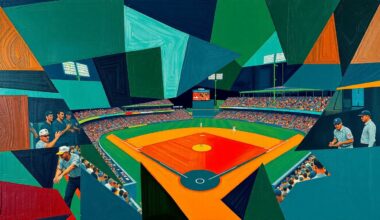 A fractured, multi-angled painting depicting a baseball game in progress, with players and the field broken down into sharp, overlapping geometric shapes in a vibrant color palette.