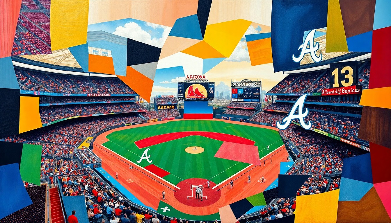 A cubist, geometric painting featuring overlapping planes of bright colors representing the Arizona Diamondbacks and Atlanta Braves baseball teams in action on the field.