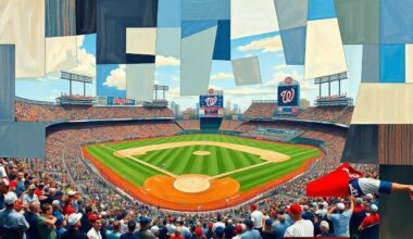 A fragmented, geometric painting depicting a baseball game in progress, with players and field elements broken down into sharp, overlapping planes of color and shape.