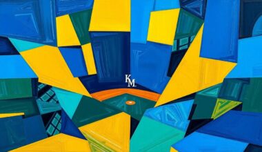 A cubist, geometric painting depicting a baseball game in progress, with the players and field broken down into sharp, overlapping planes of color in shades of blue, gold, and green, capturing the dynamic energy of the sport.