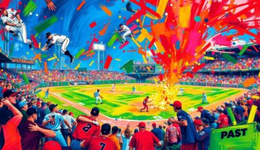 An abstract, expressionist painting in vibrant neon colors, capturing the dynamic movement and energy of a minor league baseball game with players