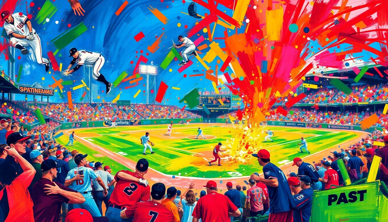 An abstract, expressionist painting in vibrant neon colors, capturing the dynamic movement and energy of a minor league baseball game with players
