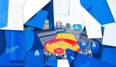 A cubist, geometric painting depicting a Dodgers baseball game, with the players and field broken down into overlapping, angular shapes in vibrant blue, white, and red colors, capturing the energy and intensity of the team