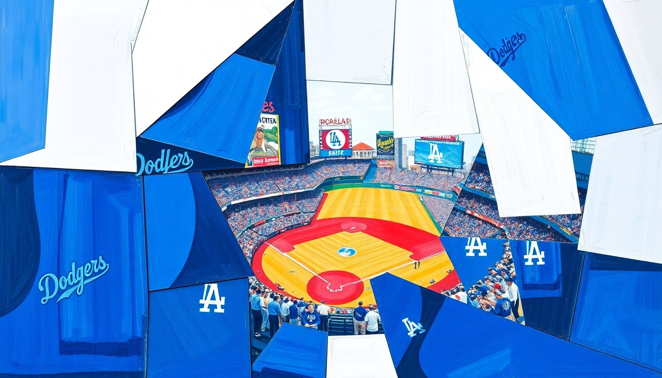 A cubist, geometric painting depicting a Dodgers baseball game, with the players and field broken down into overlapping, angular shapes in vibrant blue, white, and red colors, capturing the energy and intensity of the team