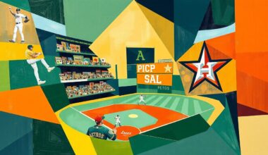 A cubist, geometric painting depicting a baseball game in progress, with sharp, overlapping shapes and planes in the colors of the Athletics and Astros uniforms.