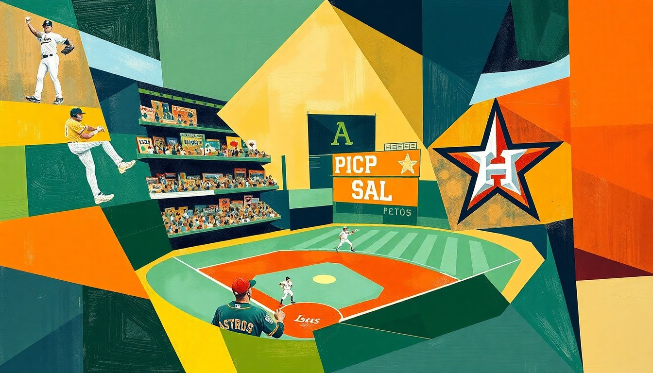 A cubist, geometric painting depicting a baseball game in progress, with sharp, overlapping shapes and planes in the colors of the Athletics and Astros uniforms.