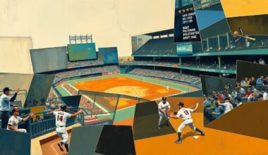 A fragmented, geometric painting depicting a baseball player