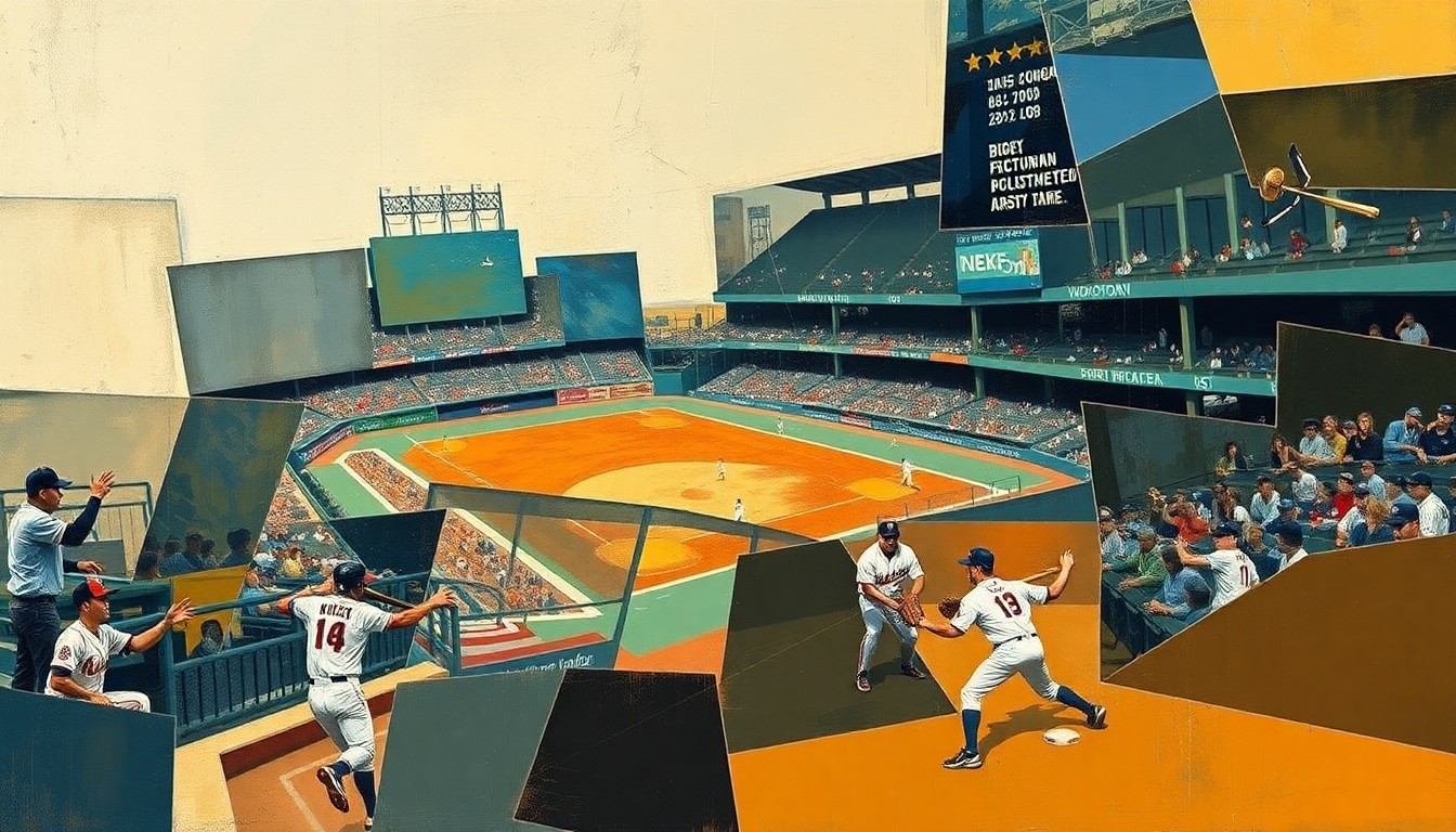 A fragmented, geometric painting depicting a baseball player