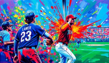 An abstract, expressionist painting in vibrant neon colors, capturing the dynamic energy and movement of a baseball game, with players