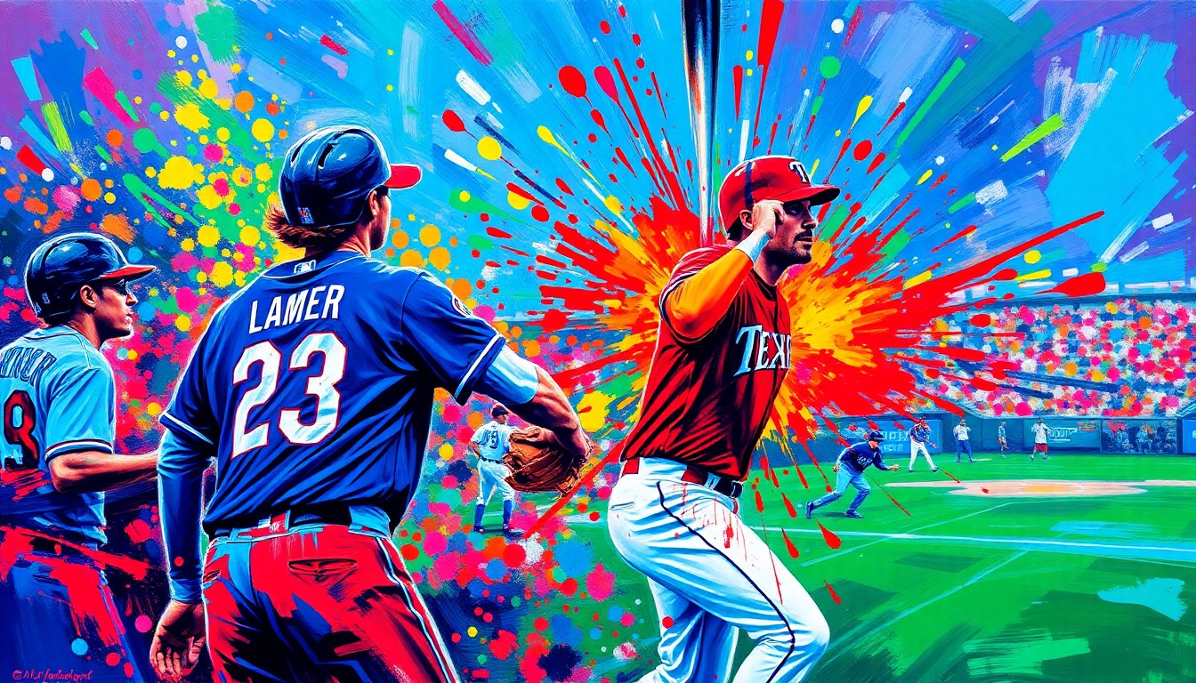 An abstract, expressionist painting in vibrant neon colors, capturing the dynamic energy and movement of a baseball game, with players