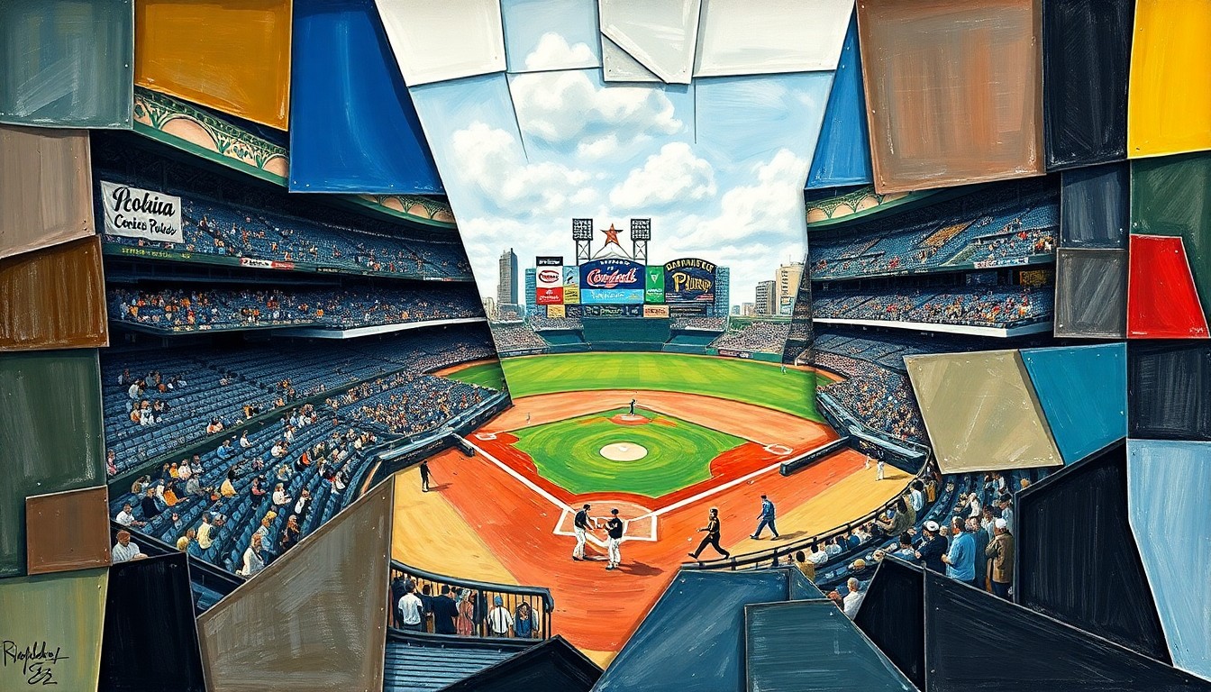 A fractured, geometric painting in the style of Pablo Picasso, with overlapping planes and shapes representing baseball players, stadiums, and equipment, conveying the intensity of the NL Central division race.