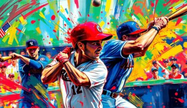 An abstract expressionist painting in vibrant neon colors, with rapid brushstrokes capturing the energy and motion of a baseball game, but with players