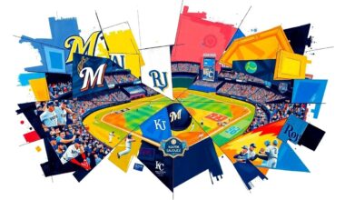 A fractured, cubist-style painting depicting a baseball game between the Milwaukee Brewers and Kansas City Royals, with the players and field broken down into sharp, overlapping geometric shapes in the team