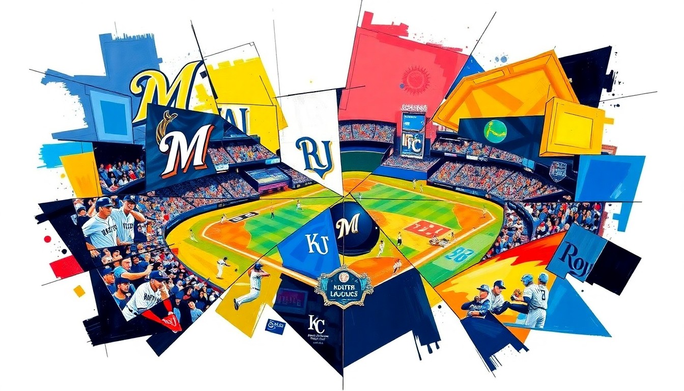 A fractured, cubist-style painting depicting a baseball game between the Milwaukee Brewers and Kansas City Royals, with the players and field broken down into sharp, overlapping geometric shapes in the team