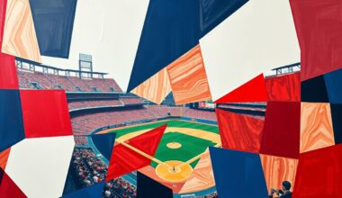 A cubist, geometric painting depicting a fragmented baseball stadium scene, with sharp planes of red, navy blue, and white representing the team