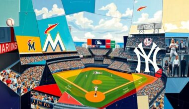 A fractured, geometric painting depicting a baseball game between the Miami Marlins and New York Yankees, with the players and field broken down into sharp, overlapping planes of vibrant teal, orange, navy, and white.
