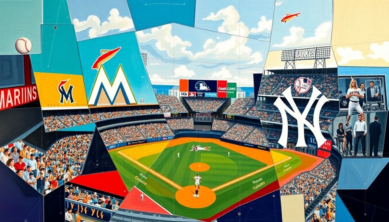A fractured, geometric painting depicting a baseball game between the Miami Marlins and New York Yankees, with the players and field broken down into sharp, overlapping planes of vibrant teal, orange, navy, and white.