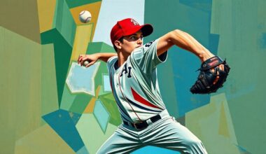 A fragmented, geometric painting depicting the throwing motion of a young baseball player, with sharp planes of color and overlapping perspectives conveying the dynamic athleticism of the sport.