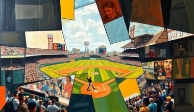 A fragmented, geometric painting depicting a baseball game or match, with sharp planes of color and form representing the dynamic action on the field.