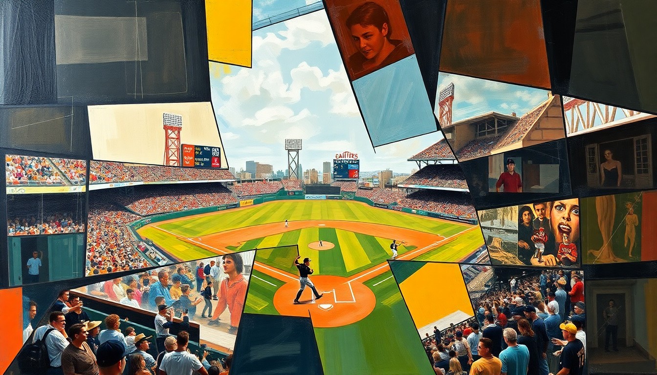 A fragmented, geometric painting depicting a baseball game or match, with sharp planes of color and form representing the dynamic action on the field.