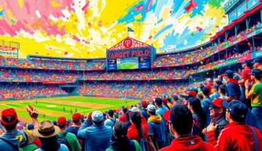 An abstract, expressionist painting in vibrant neon colors depicting a crowd of baseball fans, hot dogs, and the architecture of Target Field, all rendered in a loose, energetic style that captures the excitement of Opening Day.