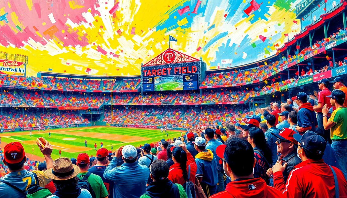 An abstract, expressionist painting in vibrant neon colors depicting a crowd of baseball fans, hot dogs, and the architecture of Target Field, all rendered in a loose, energetic style that captures the excitement of Opening Day.