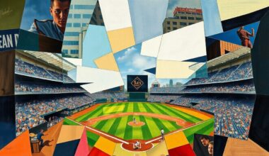 A vibrant, abstract painting featuring sharp, overlapping geometric shapes in shades of blue, green, and orange, conceptually representing the action and intensity of a baseball game.