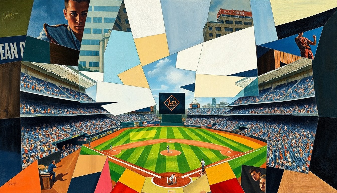 A vibrant, abstract painting featuring sharp, overlapping geometric shapes in shades of blue, green, and orange, conceptually representing the action and intensity of a baseball game.