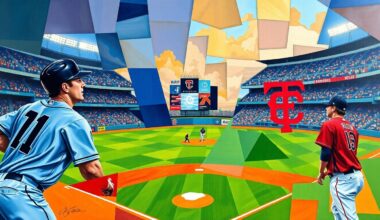 A fragmented, geometric painting depicting a baseball game between the Tampa Bay Rays and Minnesota Twins, with overlapping planes of vibrant team colors representing the dynamic action on the field.