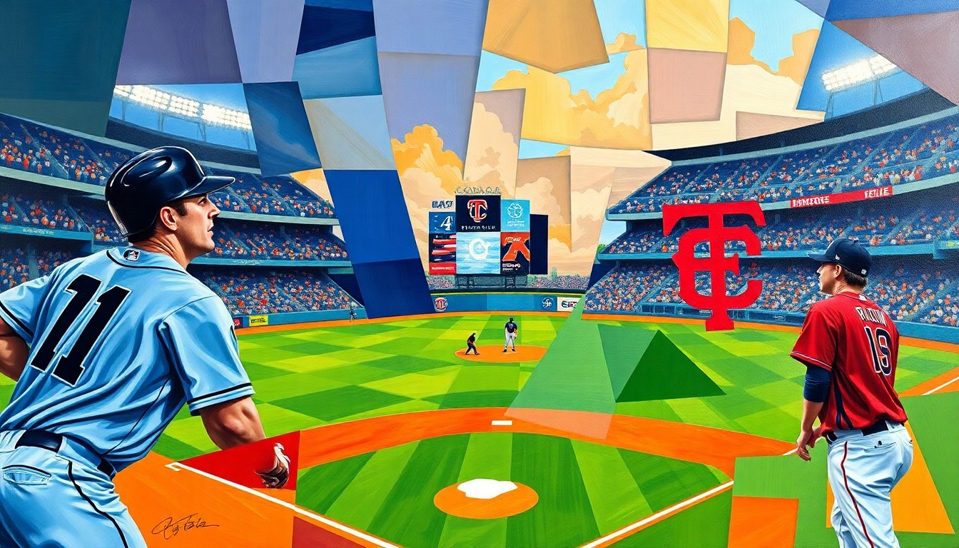 A fragmented, geometric painting depicting a baseball game between the Tampa Bay Rays and Minnesota Twins, with overlapping planes of vibrant team colors representing the dynamic action on the field.