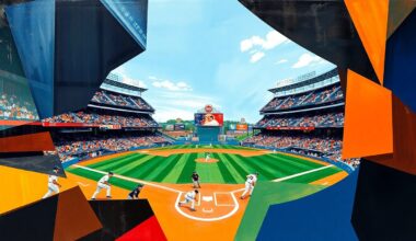 A fractured, multi-perspective painting in a cubist style, breaking down a baseball game between the Mets and Giants into sharp, overlapping geometric planes of color and form, capturing the dynamic motion and energy of the sport.