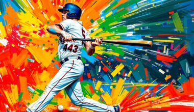 An abstract, expressionist painting in vibrant neon colors depicting the explosive power and energy of a baseball player