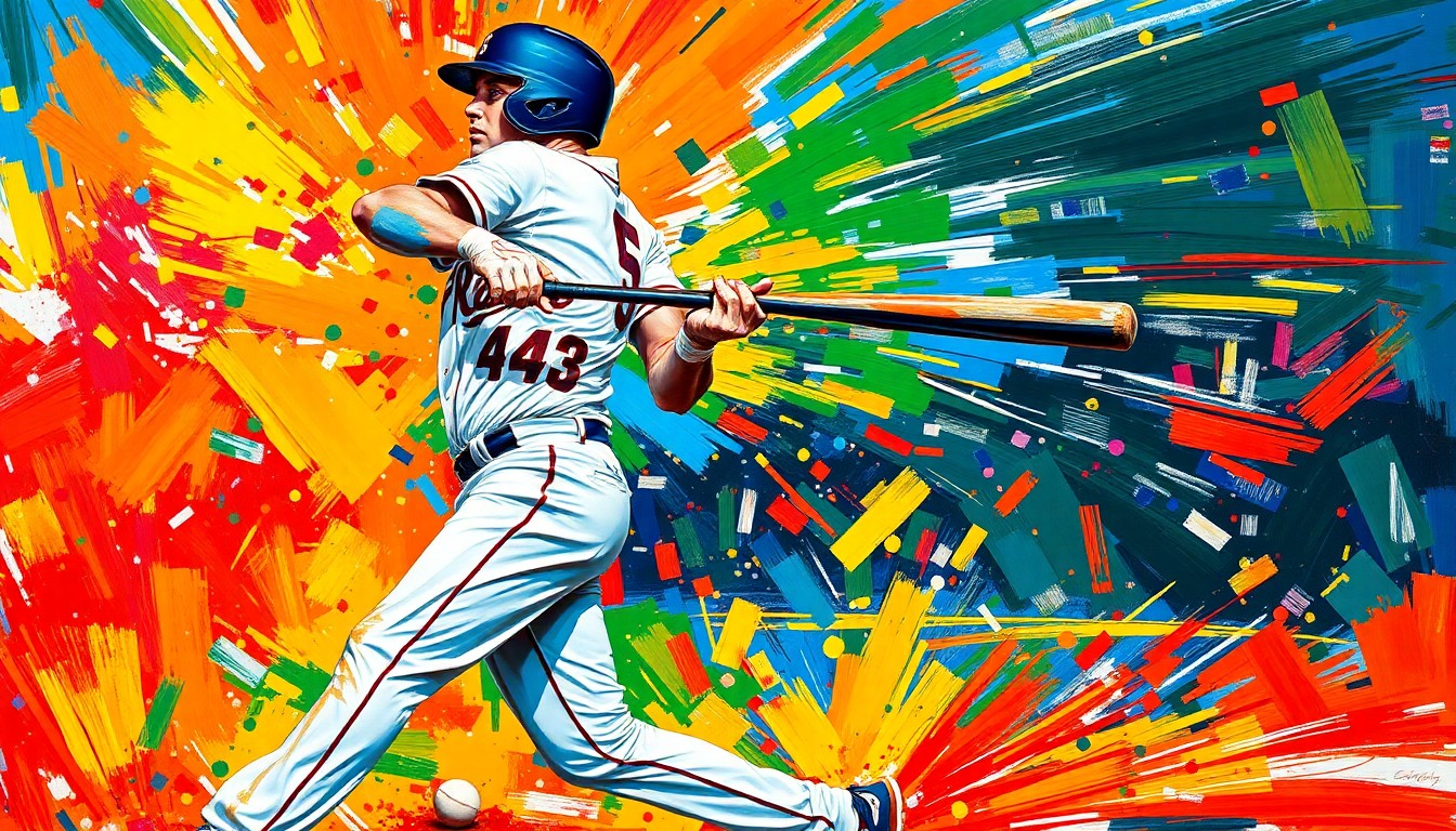 An abstract, expressionist painting in vibrant neon colors depicting the explosive power and energy of a baseball player