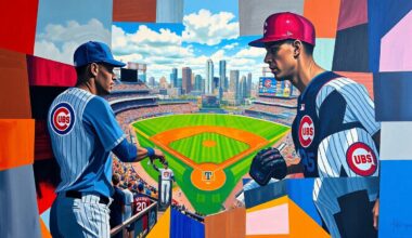 A fragmented, geometric painting in bold colors depicting various action scenes from the Cubs