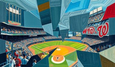 A cubist-style painting depicting a baseball game between the Los Angeles Dodgers and Washington Nationals, with the players and field broken down into sharp, overlapping geometric shapes and planes of color.