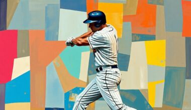 A fragmented, geometric painting depicting the overlapping planes and angles of a baseball player