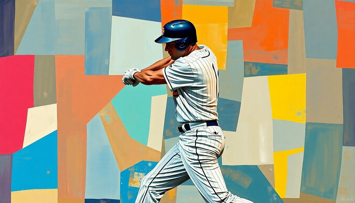 A fragmented, geometric painting depicting the overlapping planes and angles of a baseball player