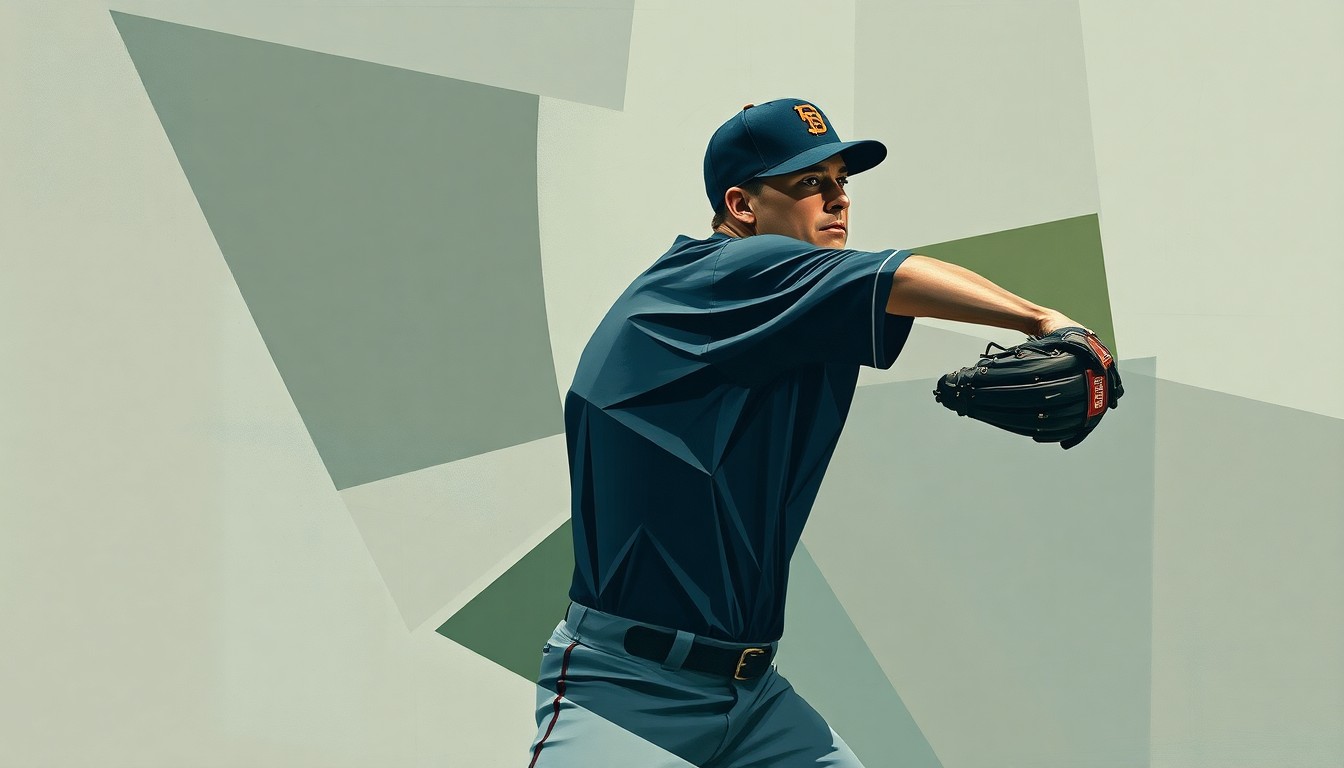 A cubist, geometric illustration depicting a baseball pitcher