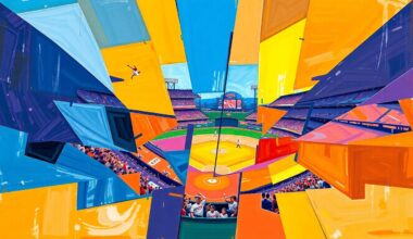A cubist-style painting depicting a baseball game or match broken down into sharp, overlapping geometric shapes in shades of blue, purple, and orange, representing the fractured perspectives and energy of the sport.