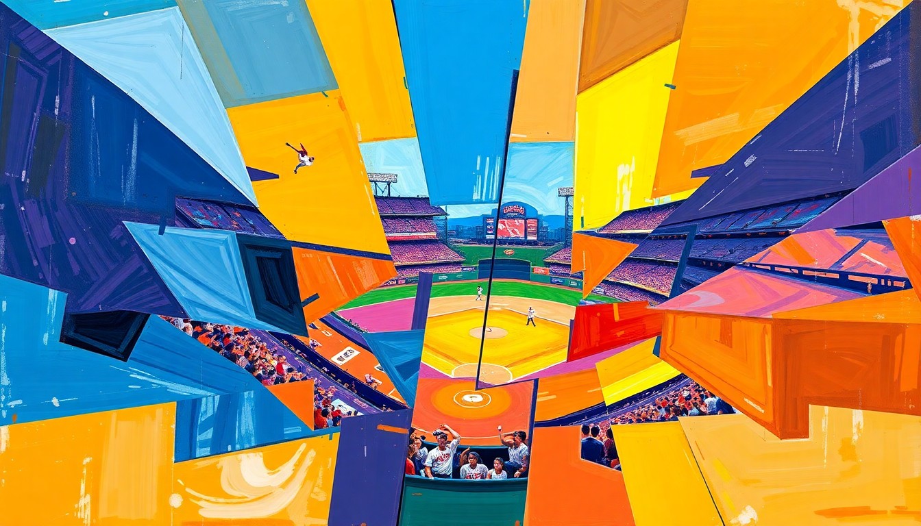 A cubist-style painting depicting a baseball game or match broken down into sharp, overlapping geometric shapes in shades of blue, purple, and orange, representing the fractured perspectives and energy of the sport.