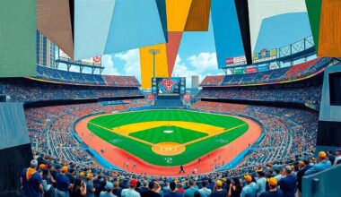 A fragmented, geometric painting depicting a baseball game in progress, with players and the field broken down into sharp, overlapping shapes and planes of color, conveying the intensity and strategic complexity of the matchup between the two teams.