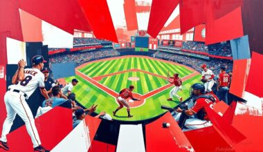 A fragmented, geometric painting depicting the dynamic batting motion of a baseball player, rendered in the bold, angular style of Pablo Picasso using the red, white, and navy blue colors of the Los Angeles Angels.