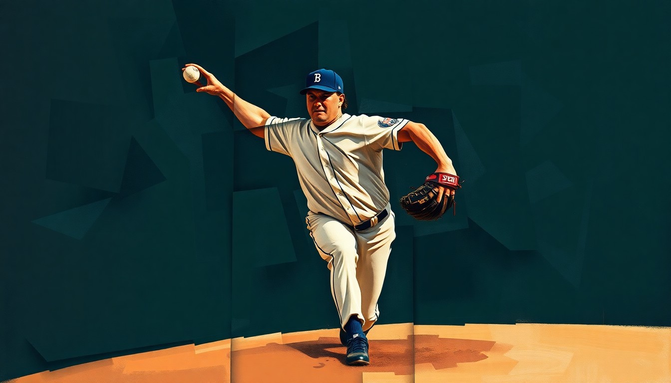 A fractured, geometric painting depicting a baseball pitcher
