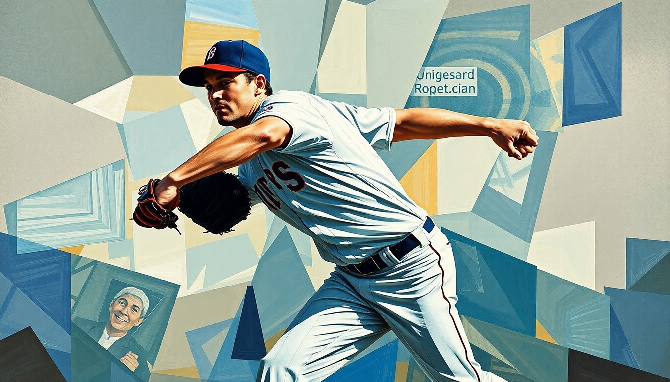 A fragmented, geometric painting depicting a baseball pitcher