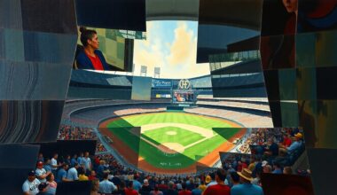 A cubist, geometric painting depicting the interior of a baseball stadium in fractured, overlapping planes of light and shadow, conveying the disruption and uncertainty of a power outage.