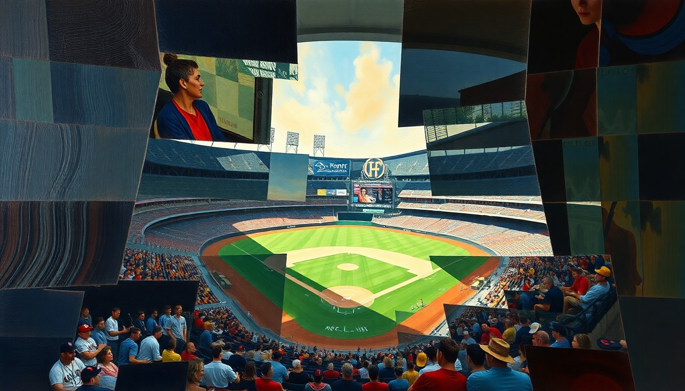 A cubist, geometric painting depicting the interior of a baseball stadium in fractured, overlapping planes of light and shadow, conveying the disruption and uncertainty of a power outage.